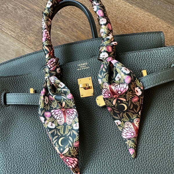 Countryside Garden Night Moth Moon Floral Handbag Skinny Scarf / Handle Wrap / Skinny Hair Scarf