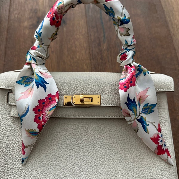 Liberty of London Eva Belle 100% Silk Handbag Skinny Scarf White Floral Pattern Handle Wrap / Skinny Hair Scarf