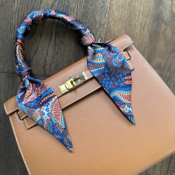 Liberty of London 100% Silk Satin Handbag Skinny Scarf in Medusa Silk Twill Blue & Orange Floral Handle Wrap / Skinny Hair Scarf