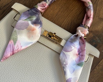 Lilac, Mauve, Blush, and White Watercolor Flower Handbag Skinny Scarf / Handle Wrap / Skinny Hair Scarf