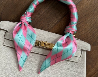 Bubblegum Pink and Aqua Argyle Handbag Skinny Scarf / Handle Wrap / Skinny Hair Scarf / Designer Luxury Accessory