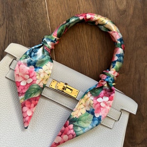 Hydrangea Florals in Pink, Yellow, and Blue Handbag Skinny Scarf / Handle Wrap / Skinny Hair Scarf
