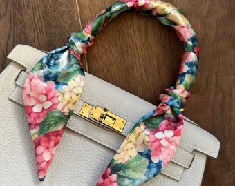 Pink, Yellow, and Blue Hydrangea Floral Handbag Skinny Scarf / Handle Wrap / Skinny Hair Scarf