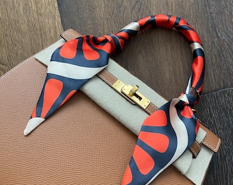 Retro Daisies Navy, Orange, and White Handbag Skinny Scarf / Handle Wrap / Skinny Hair Scarf