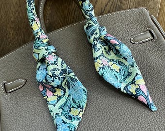 100% Silk Twill Blue, Pink, and Green Delicate Lacy Floral Liberty of London Handbag Skinny Scarf in Tulip Flourish / Purse Handle Wrap