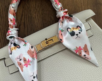 Puppy Dogs with Floral Crowns Handbag Skinny Scarf / Handle Wrap / Skinny Hair Scarf