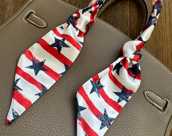 Patriotic Distressed Stars and Stripes Skinny Scarf / Handle Wrap / Skinny Hair Scarf / Designer Luxury Accessory