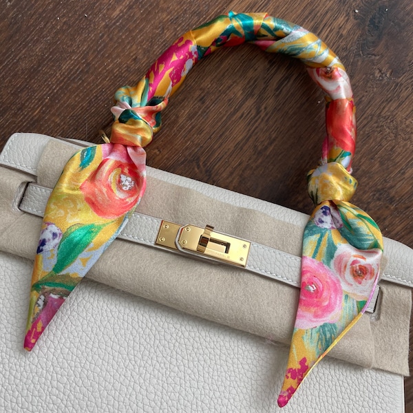 SALE! Yellow Autumn Blooms Handbag Skinny Scarf / Handle Wrap / Skinny Hair Scarf