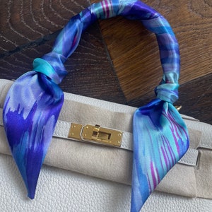 Blue & Purple Watercolor Feathers Abstract Handbag Skinny Scarf / Handle Wrap / Skinny Hair Scarf