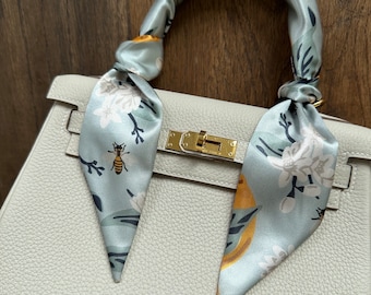 Bees & Lemons Soft Pastel Blue and Yellow Handbag Skinny Scarf / Handle Wrap / Skinny Hair Scarf / Designer Luxury Accessory