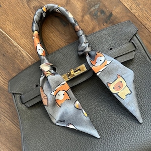 Mini Cartoon Cats on Grey Satin Handbag Skinny Scarf / Handle Wrap / Skinny Hair Scarf