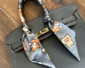 Mini Cartoon Cats on Grey Satin Handbag Skinny Scarf / Handle Wrap / Skinny Hair Scarf