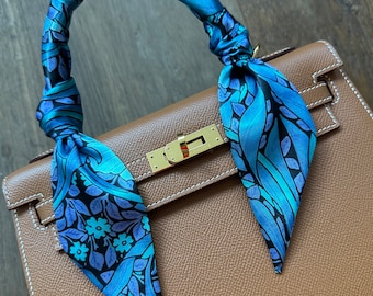 Antique Pimpernel Primrose Blue and Purple Handbag Skinny Scarf / Handle Wrap / Skinny Hair Scarf / Designer Luxury Accessory