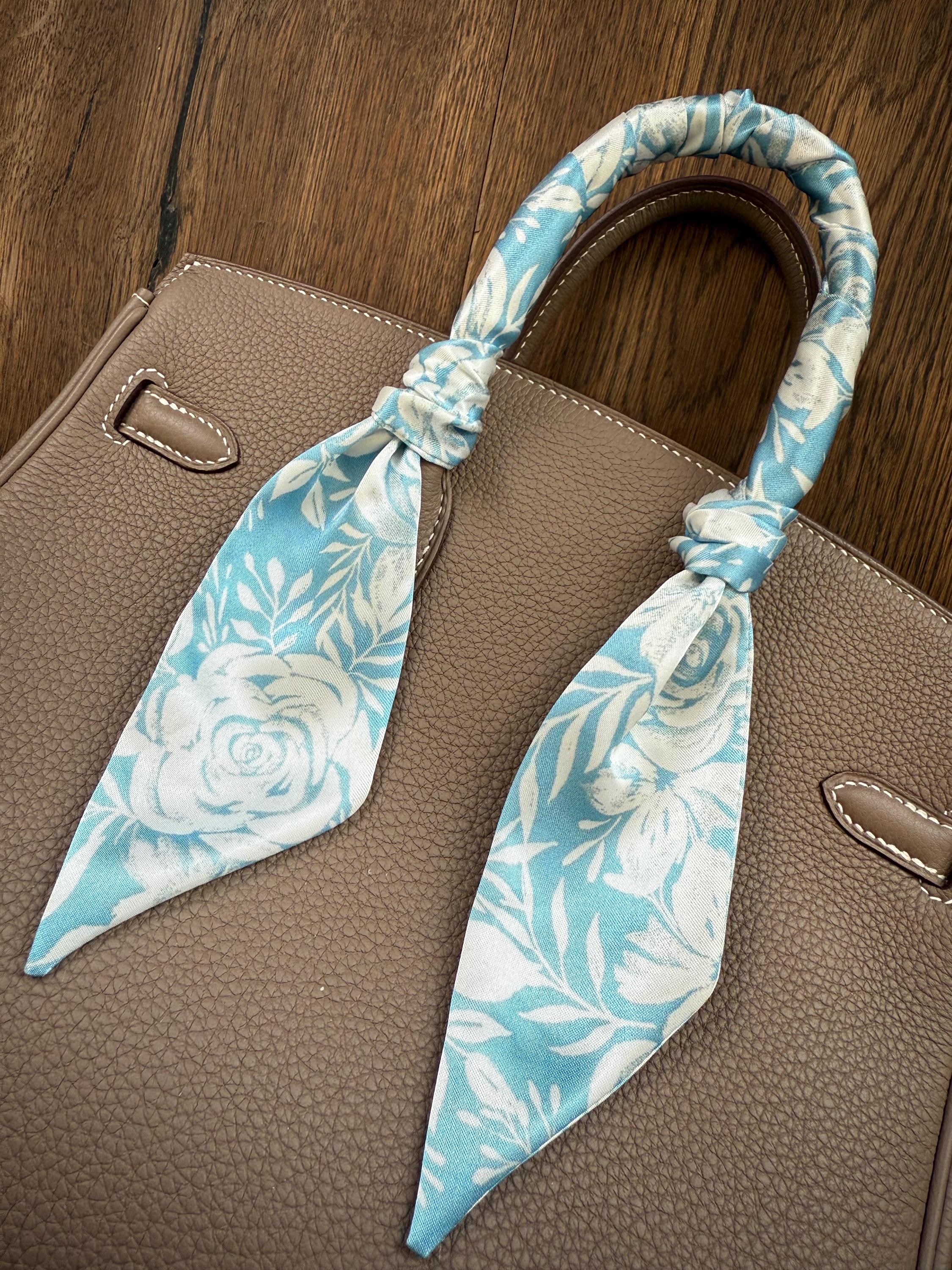 Vintage Blue and White Cottage Roses in a French Dainty Pattern and White Handbag Skinny Scarf / Handle Wrap / Skinny Hair Scarf