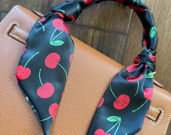 Red Cherries on Solid Black Handbag Skinny Scarf / Handle Wrap / Skinny Hair Scarf
