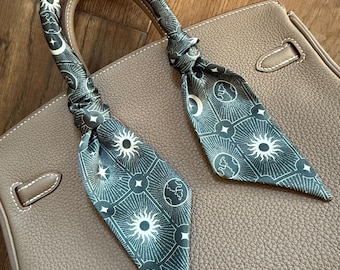 Sun Earth Moon Stars Tarot / Light Gray on Charcoal Handbag Skinny Scarf / Handle Wrap / Skinny Hair Scarf / Designer Luxury Accessory