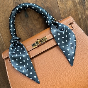 Navy Blue and White Polka Dot Handbag Skinny Scarf / Handle Wrap / Skinny Hair Scarf