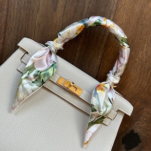 White Watercolor Peony Floral Handbag Skinny Scarf / Handle Wrap / Skinny Hair Scarf / Designer Luxury Accessory