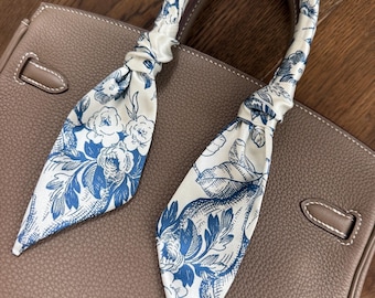 Denim Blue and Off White/Cream Toile De Jouy Floral and Fruit French Parisian Handbag Skinny Scarf / Handle Wrap / Skinny Hair Scarf