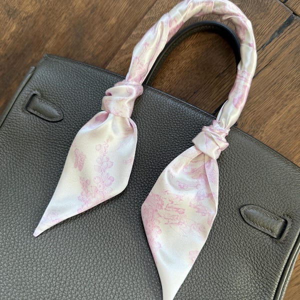 Light Baby Pink and White Toile De Jouy Floral and Jungle Animals Handbag Skinny Scarf / Handle Wrap / Skinny Hair Scarf