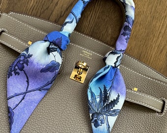 Liberty of London Blue and Purple Tie Dye Madder Chintz 100% Silk Twill Handbag Skinny Scarf