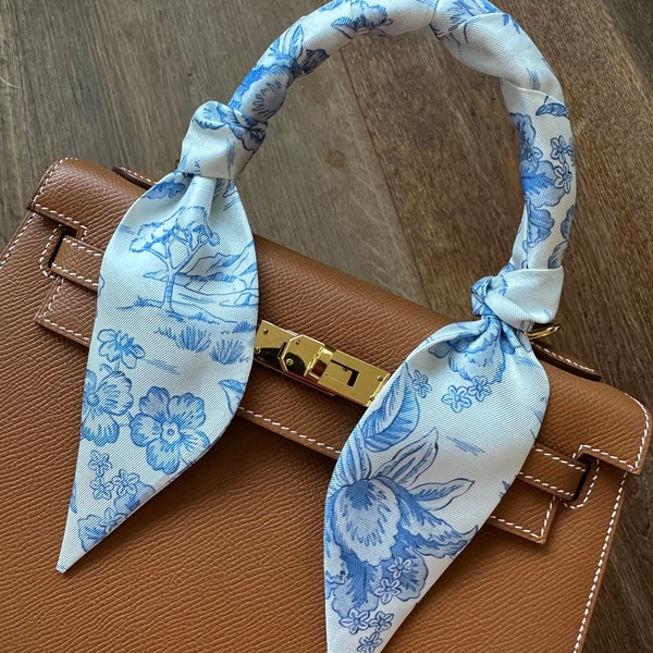 Liberty of London Delft Lagoon 100% Silk Twill Handbag Skinny Scarf Blue Toile Chinoiserie