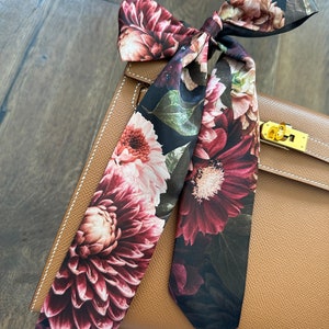 Lush Maroon and Mauve Dahlias Floral Gothic Handbag Skinny Scarf / Handle Wrap / Skinny Hair Scarf