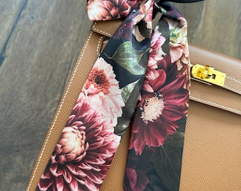 Lush Maroon and Mauve Dahlias Floral Gothic Handbag Skinny Scarf / Handle Wrap / Skinny Hair Scarf