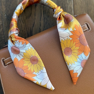 Retro Sunflowers in Fall/Autumn Colors - Yellow, Orange, and Cream - Handbag Skinny Scarf / Handle Wrap / Skinny Hair Scarf