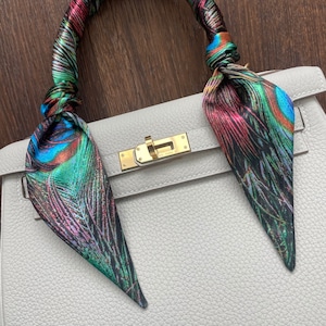 Peacock Feathers Handbag Skinny Scarf / Handle Wrap /Skinny Hair Scarf