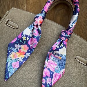 Blue Spotted Leopards in a Purple Fuchsia Neon Orchid Garden Handbag Skinny Scarf / Handle Wrap / Skinny Hair Scarf