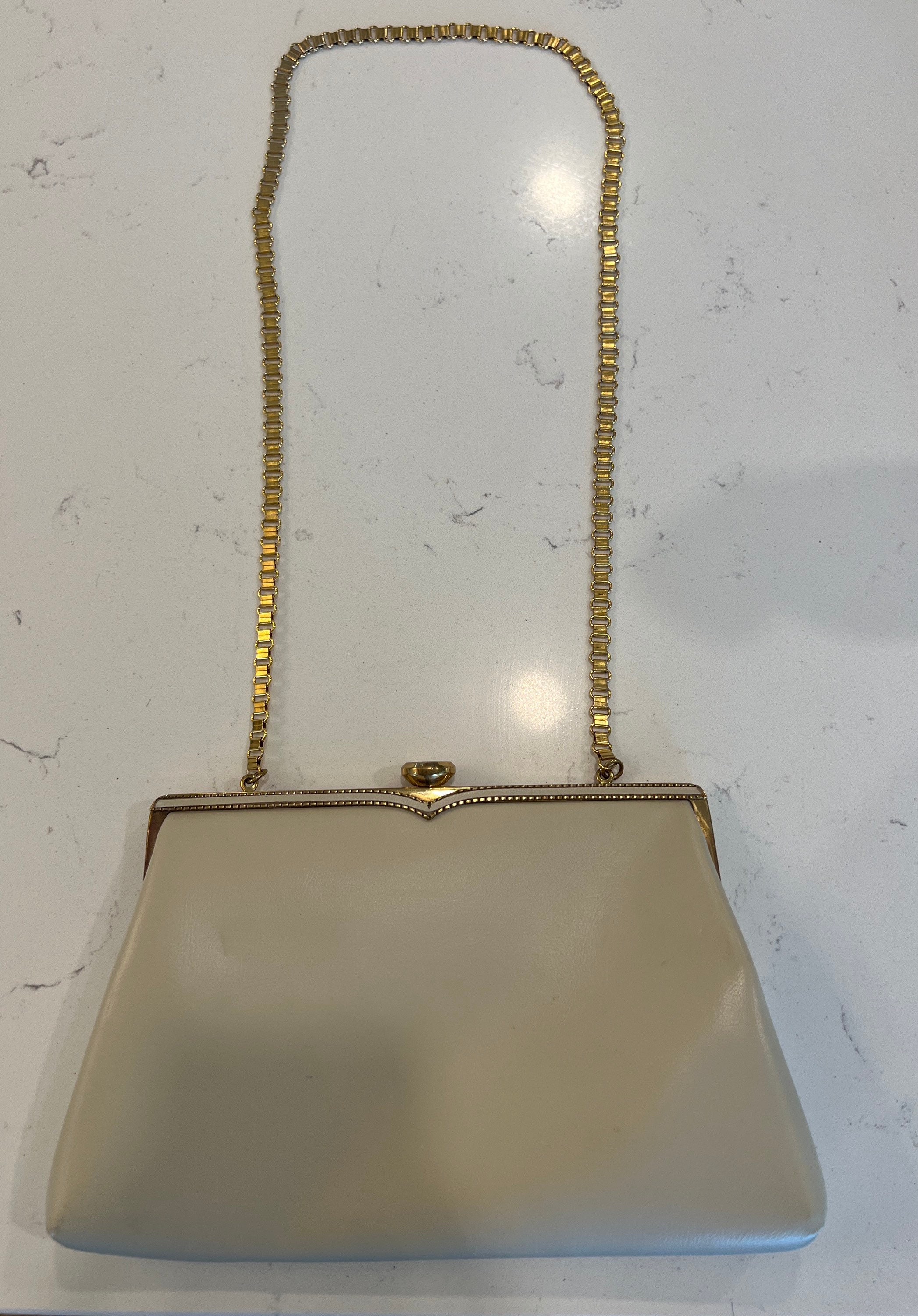 Cream Clutch with Gold Handle. Removable gold strap. Soft Cream Leather Clutch Bag With Gold Chain Handle & Knot  main image 4