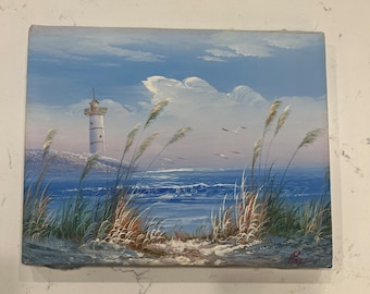 Vintage Lighthouse Oil Painting, Signed Coastal Ocean Scene