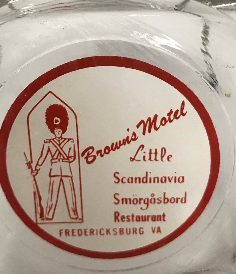 VA,Man cave and bar decor,Clear glass Brown/'s Motel,Little Scandinavia Smorgasbord Restaurant,Fredericksburg Vintage Collectible Ashtray