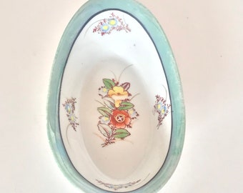Vintage Japanese Trinket Bowl, Oval Shaped Floral China Dish, Teal Accent, Bathroom or Bedroom Decor, Soap Dish, Made In Japan