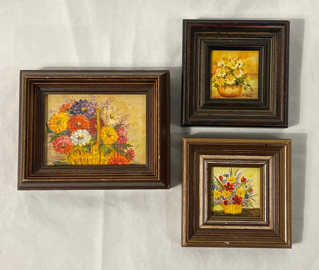 Set of 3 Vintage Framed Miniature Oil Paintings Floral Still Etsy