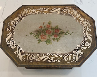 Vintage Florentine Musical Jewelry Box, Gold Floral Motif, Red Velvet Lined