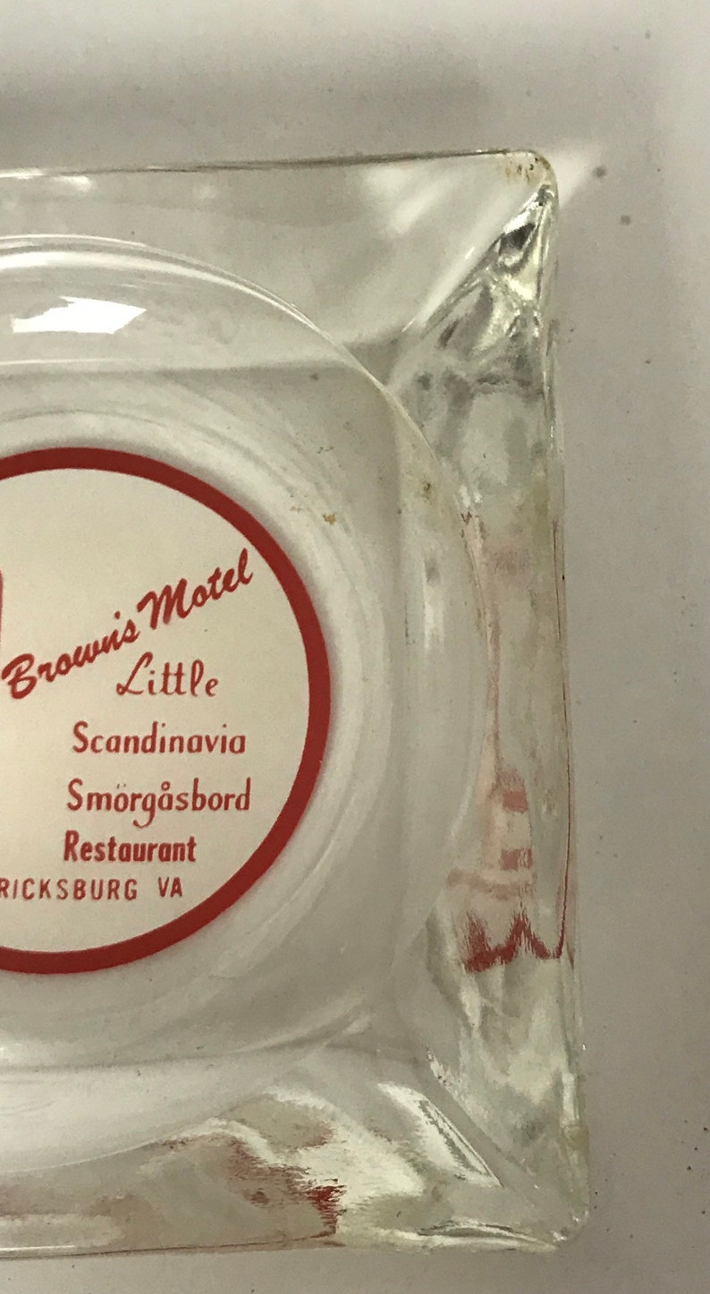 VA,Man cave and bar decor,Clear glass Brown/'s Motel,Little Scandinavia Smorgasbord Restaurant,Fredericksburg Vintage Collectible Ashtray