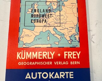 Vintage Europa Road Map, Kummerly + Frey, Foldable Atlas, Wall Decor