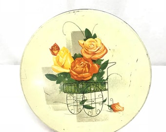 Vintage Floral Olive Tin, Chicago, Shabby Chic decor,Round red Storage Tin with Orange and Yellow Roses, Sewing tin, cottage decor