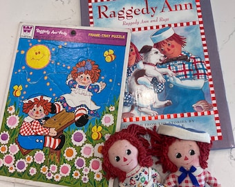 Vintage Raggedy Ann and Andy Dolls, Whitman Puzzle, Book