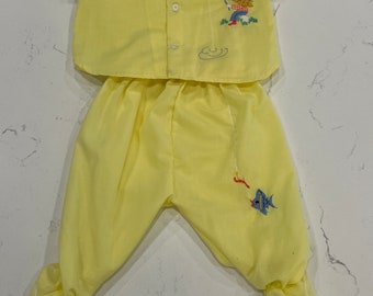 Vintage Infant Outfit, Embroidered Fishing Theme, Yellow Two Piece Set