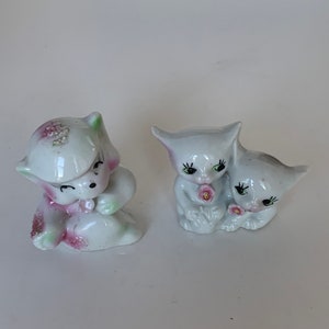 Vintage Anthropomorphic Cat Figurines, Made in Japan, Mid Century Ceramic Kitten Figures, Green, Pink and Grey, Pair of Kitties, Cat Lover,