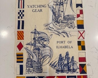 Vintage Port of Ilhabela Yatching Gear Flag/Tea Towel, Fun Nautical Gift, Nautical Memorabilia,Vintage Ships,Beach house,Sailing Memorabilia