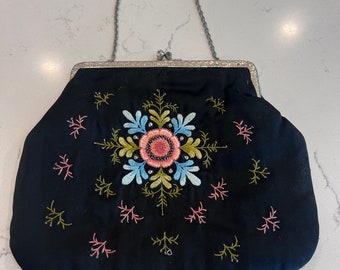 Vintage Black Satin with Embroidery Small Night Handbag, Silver Closure and  Chain Handle, Blue and Pink Accents, Formal Event, Wedding