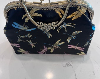 Vintage Dragonfly Handbag, Satin Handbag or Clutch, Spring Summer Evening Bag, Hipster Bag, Black, Pink, Blue, Gold Handle.