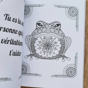 Może przedstawiać: Szczeg&oacute;łowa czarno-biała ilustracja żaby z misternymi wzorami, idealna do kolorowania. Żaba jest wyśrodkowana na stronie, z dekoracyjnymi wzorami narożnymi i francuskim tekstem po lewej stronie.