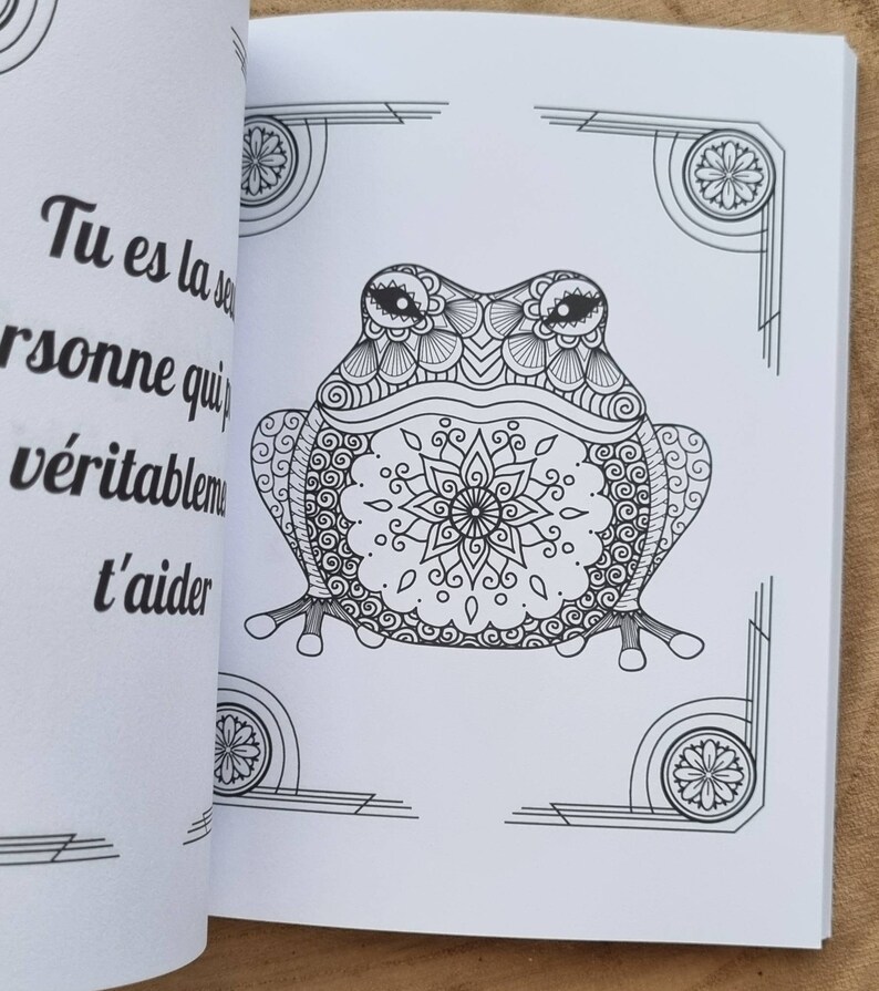 Może przedstawiać: Szczeg&oacute;łowa czarno-biała ilustracja żaby z misternymi wzorami, idealna do kolorowania. Żaba jest wyśrodkowana na stronie, z dekoracyjnymi wzorami narożnymi i francuskim tekstem po lewej stronie.