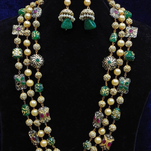 3 Layer Long Necklace Set with Earrings | Sabyasachi Inspired Heavy Green Mala Jewelry | Traditional Jewellery Set | Navaratna Jewelry
