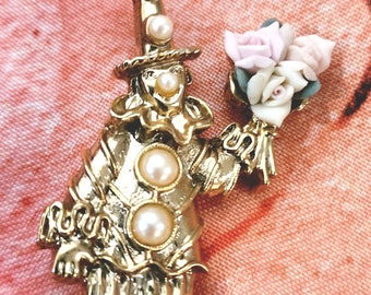 Gold Tone Clown Brooch With Faux Pearls and Pink Rose Bouquet Made By 1928 Jewelry Vintage 80s